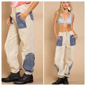 POL NWOT Solid Twill Beige & Blue Denim Patchwork JoggerJeans cuffed ankles Sz S